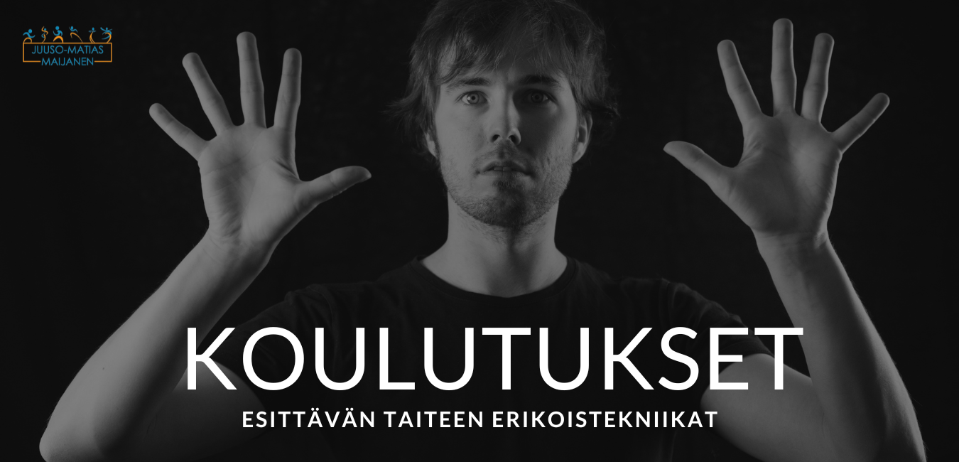 Teksti Koulutuset. Esittävän taiteen erikoistekniikat. Juuso-Matias muodostaa seinäillluusion kohti kameraa (kädet levitettyinä kuvitteellista seinää vasten). Kasvoilla hämmentynyt ilme. Yläkulmassa Juuso-Matias Maijanen -logo